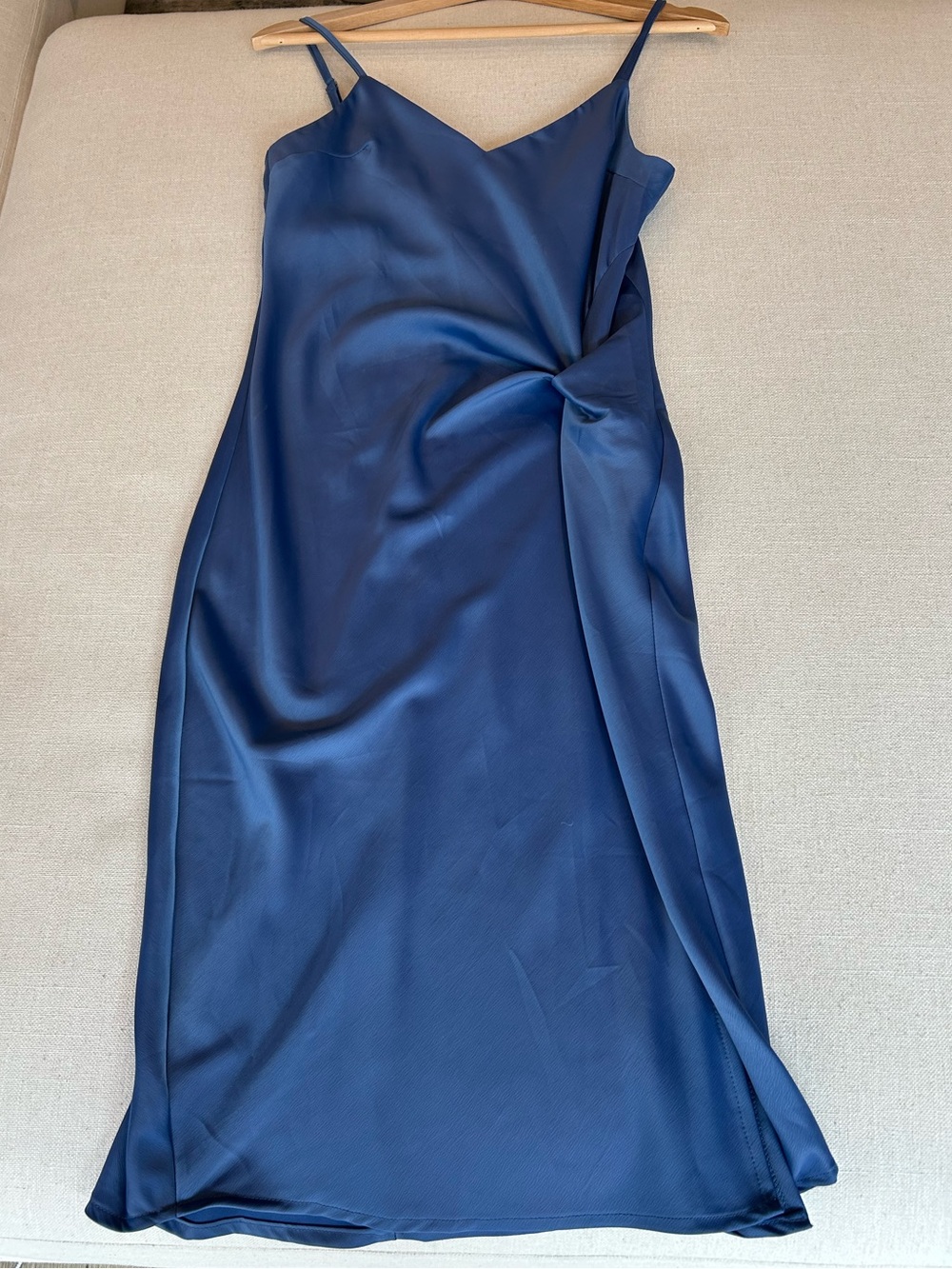 Trendy boutique blue Satin Midi Slip Dress with Twist Detail